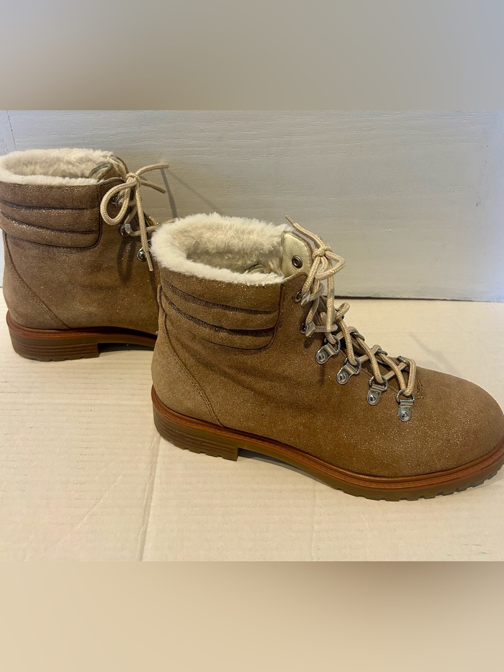 1901 Tan Suede Lace-Up Faux-Shearling Boots
